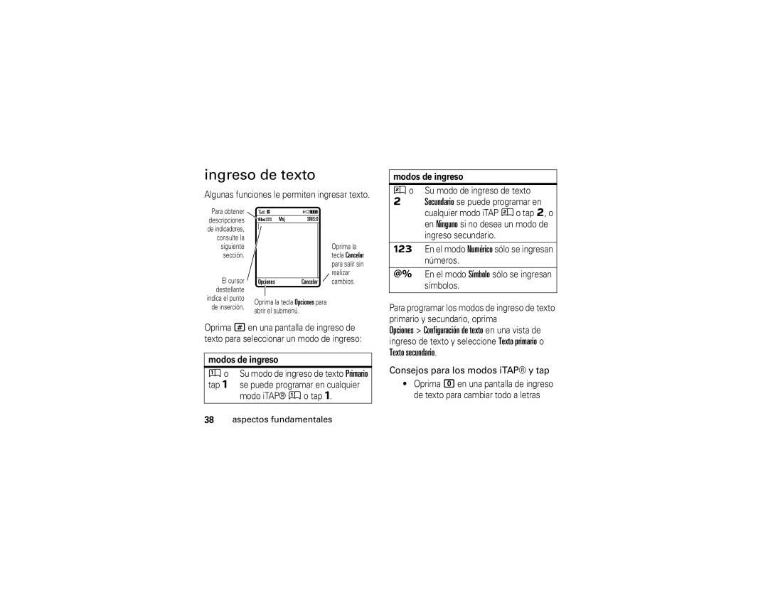 Motorola W490 manual Ingreso de texto, Modos de ingreso 