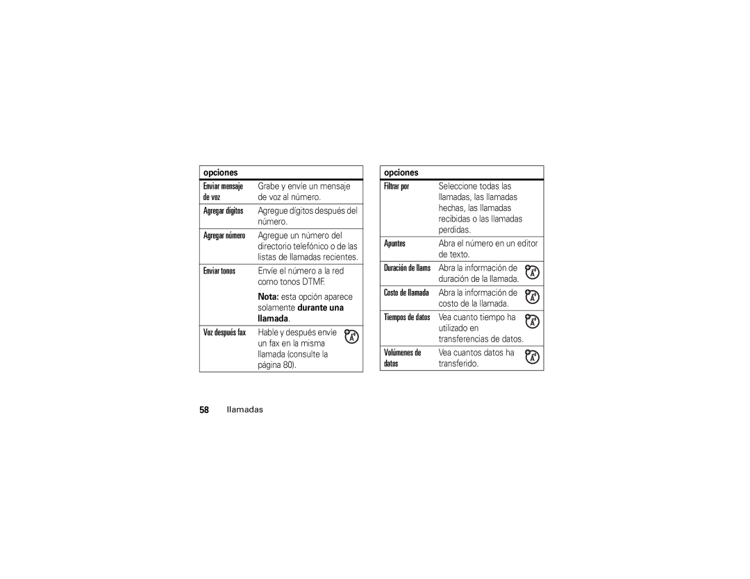 Motorola W490 manual De voz, Enviar tonos, Filtrar por, Apuntes, Datos 