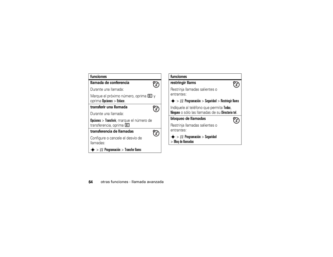 Motorola W490 manual Programación Transfer llams 