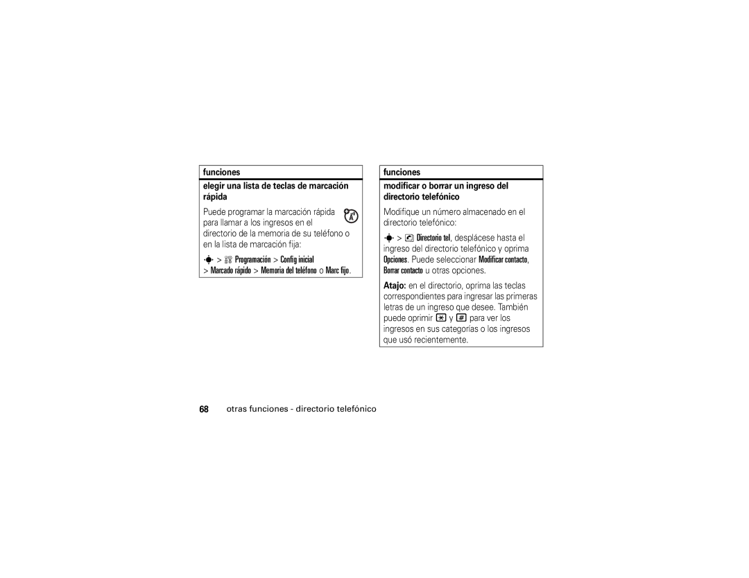 Motorola W490 manual Programación Config inicial, Funciones Elegir una lista de teclas de marcación rápida 
