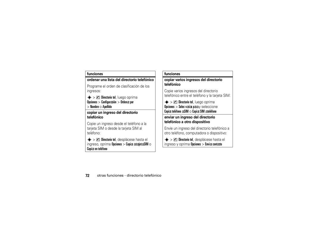 Motorola W490 manual Opciones Configuración Ordenar por Nombre o Apellido, Copiar en teléfono 