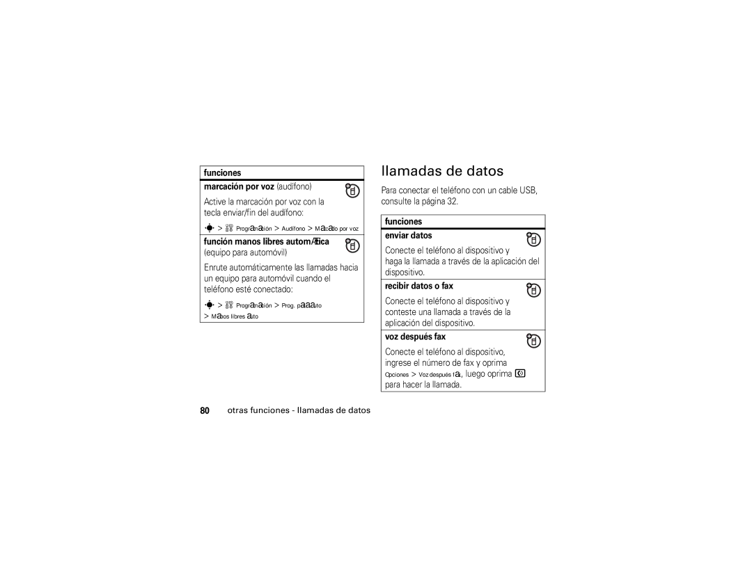 Motorola W490 manual Llamadas de datos, Programación Prog. para auto Manos libres auto 