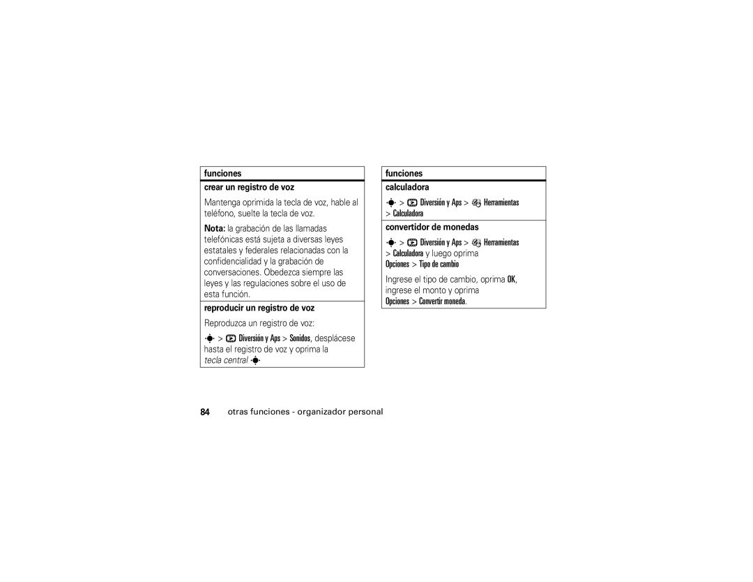 Motorola W490 manual Diversión y Aps É Herramientas Calculadora, Opciones Convertir moneda 