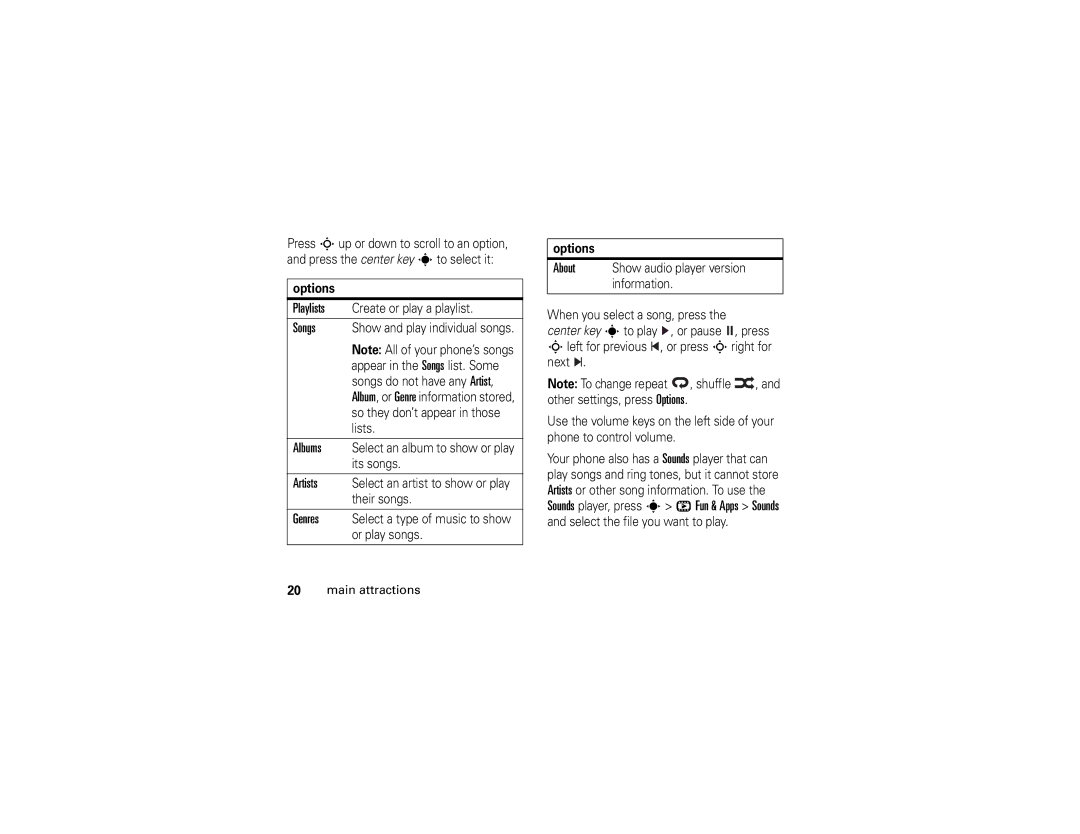 Motorola W490 manual Options 