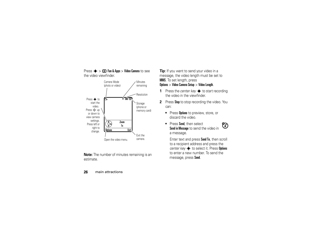 Motorola W490 manual Options Video Camera Setup Video Length, Message, press Send Main attractions 