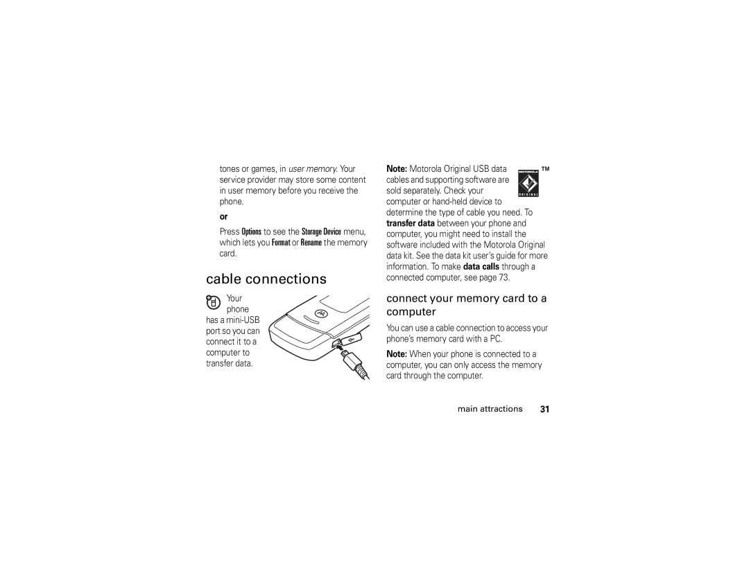 Motorola W490 manual Cable connections, Connect your memory card to a computer 