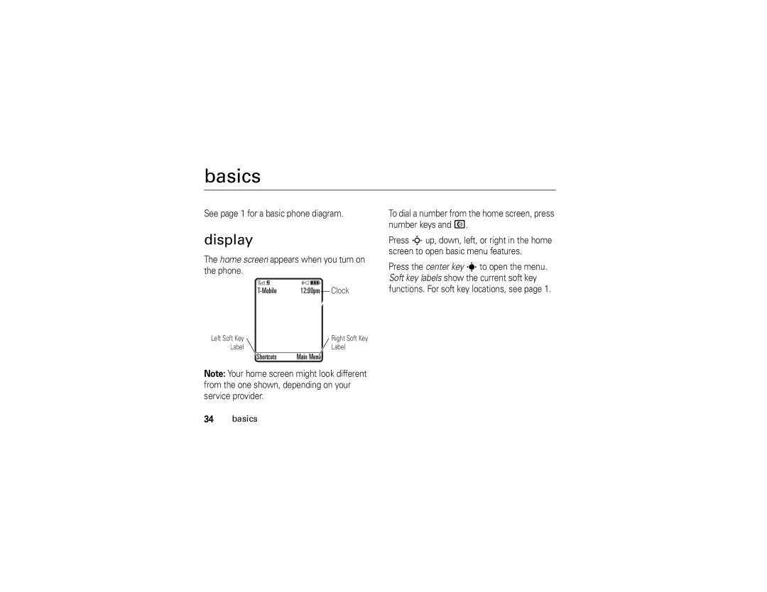 Motorola W490 manual Basics, Display, See page 1 for a basic phone diagram, Home screen appears when you turn on the phone 