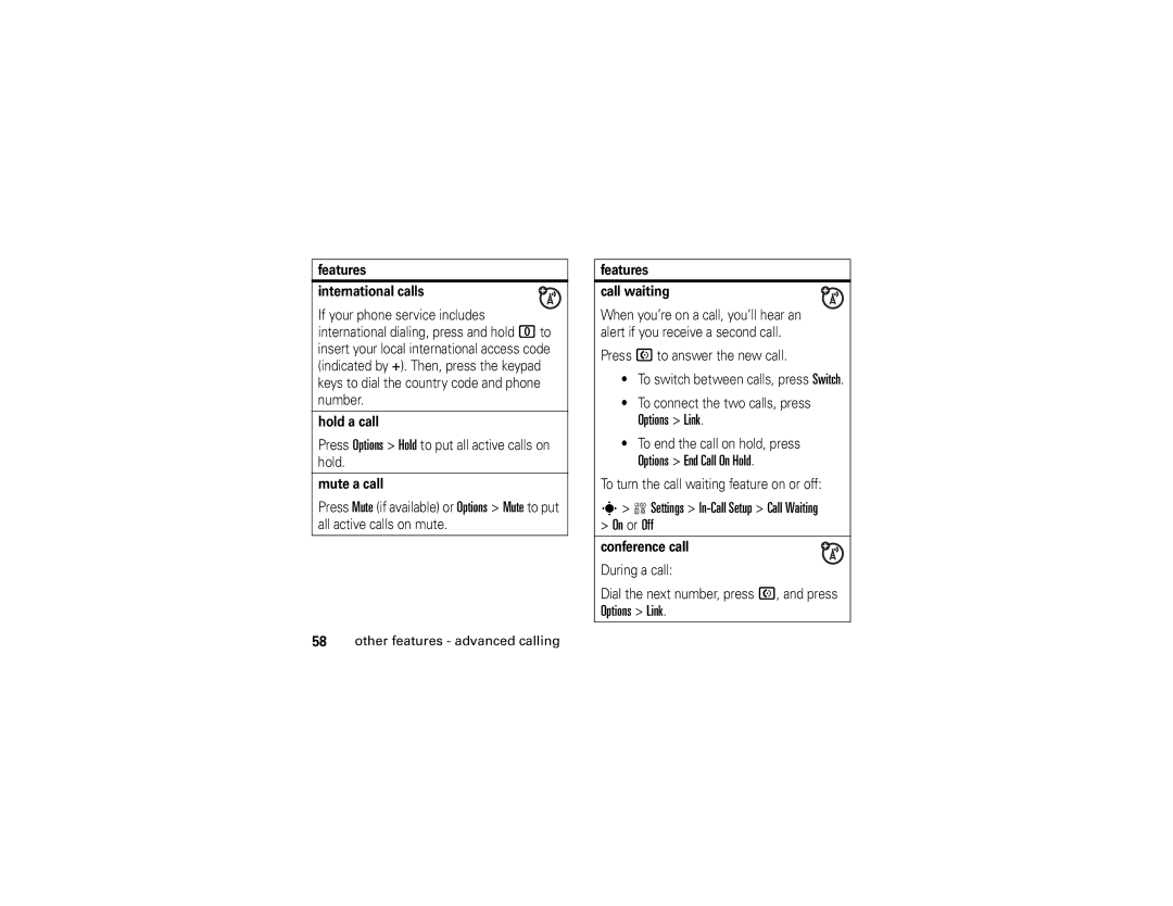 Motorola W490 manual Options Link, Options End Call On Hold, Settings In-Call Setup Call Waiting On or Off 