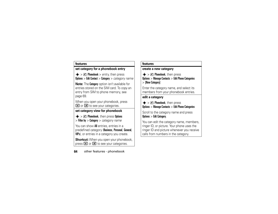 Motorola W490 New Category, Features Set category for a phonebook entry, Features Create a new category, Edit a category 