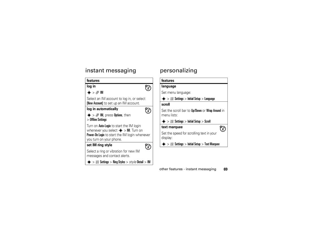 Motorola W490 manual Instant messaging, Personalizing, Offline Settings, Settings Initial Setup Language 