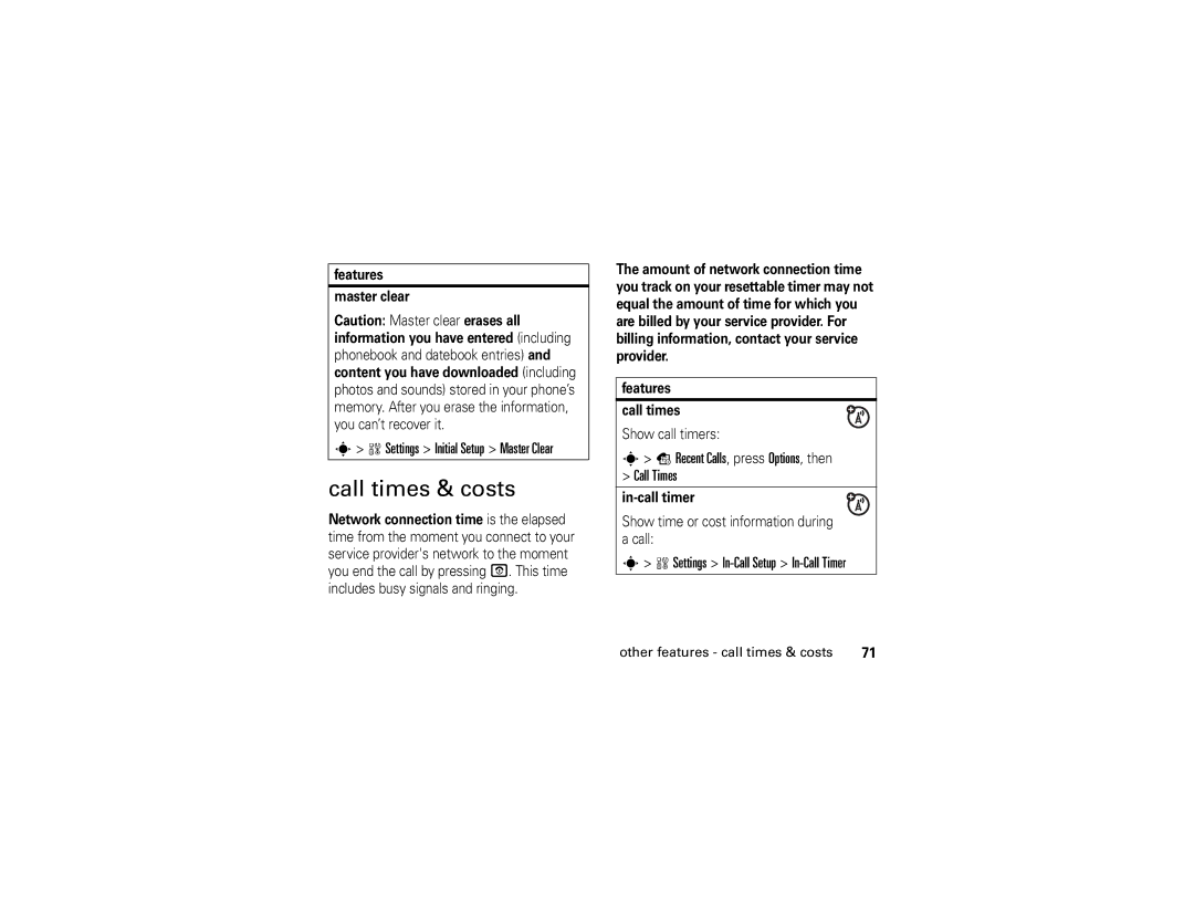 Motorola W490 manual Call times & costs, Recent Calls, press Options, then Call Times, Settings In-Call Setup In-Call Timer 