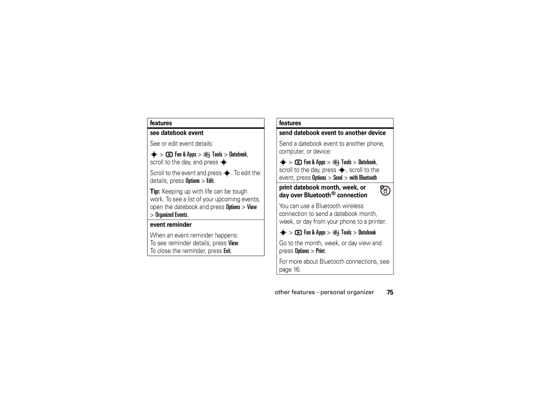 Motorola W490 manual Organized Events, Features See datebook event, Event reminder 