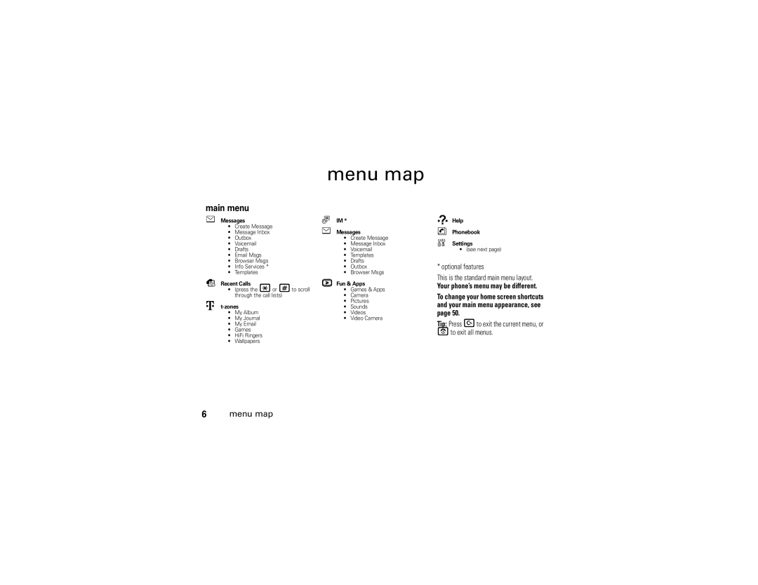 Motorola W490 manual Menu map, Main menu, Optional features This is the standard main menu layout 