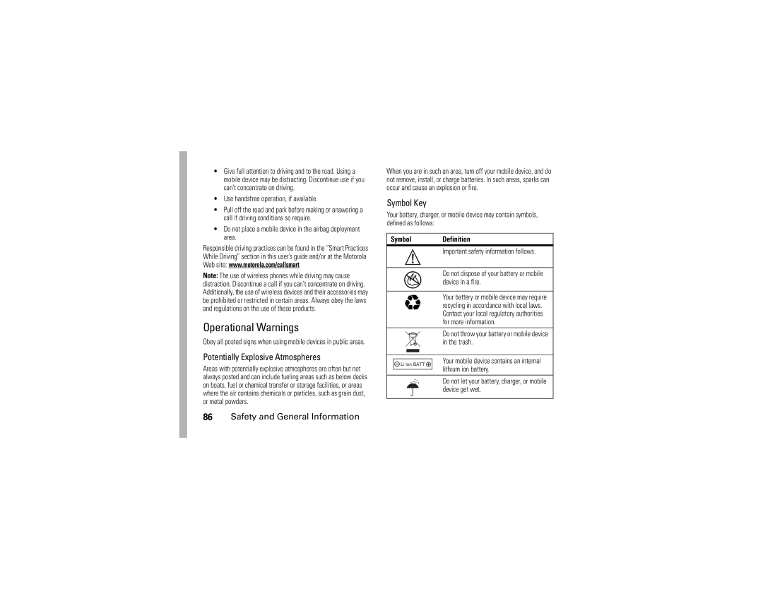 Motorola W490 manual Operational Warnings, Potentially Explosive Atmospheres, Symbol Key 