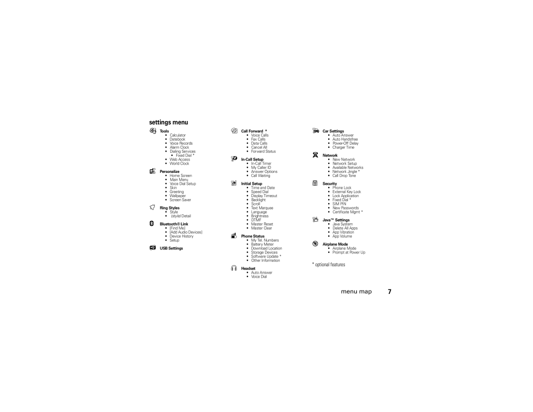 Motorola W490 manual Settings menu, Optional features 