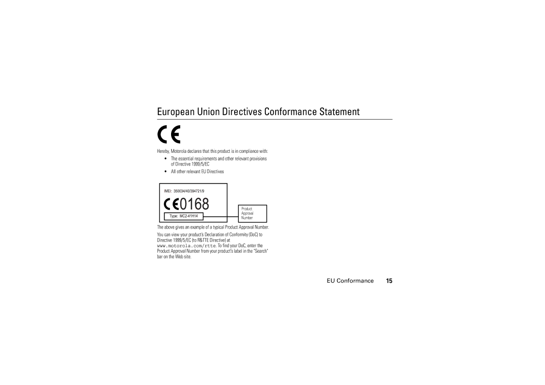 Motorola W5 10 GSM manual European Union Directives Conformance Statement, EU Conformance 