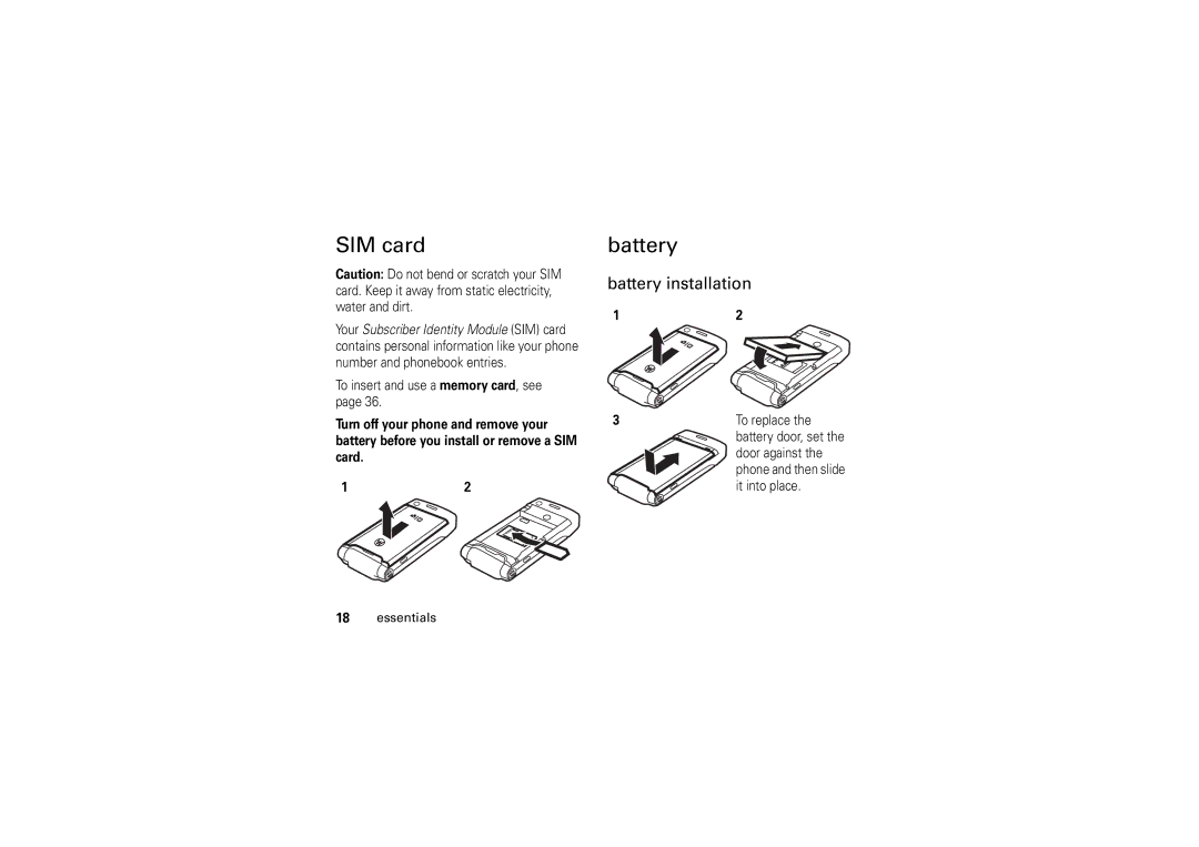 Motorola W5 10 GSM manual SIM card, Battery installation 