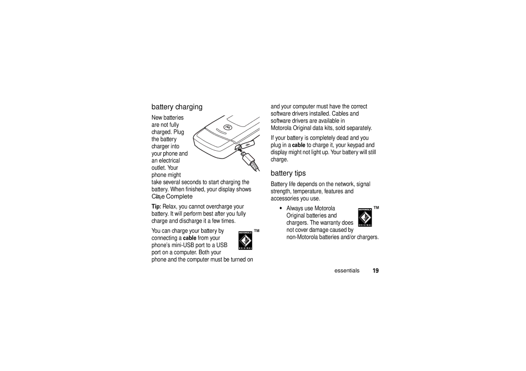 Motorola W5 10 GSM manual Battery charging, Battery tips, Charge Complete 