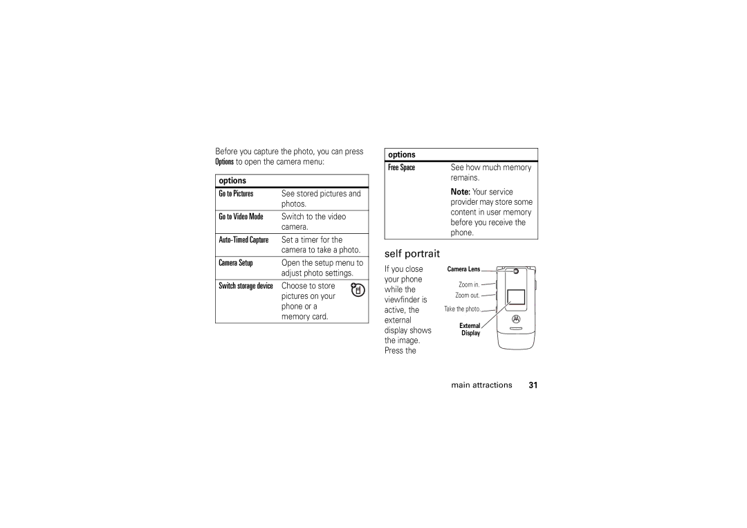 Motorola W5 10 GSM manual Self portrait, Go to Pictures, Camera Setup, Free Space 