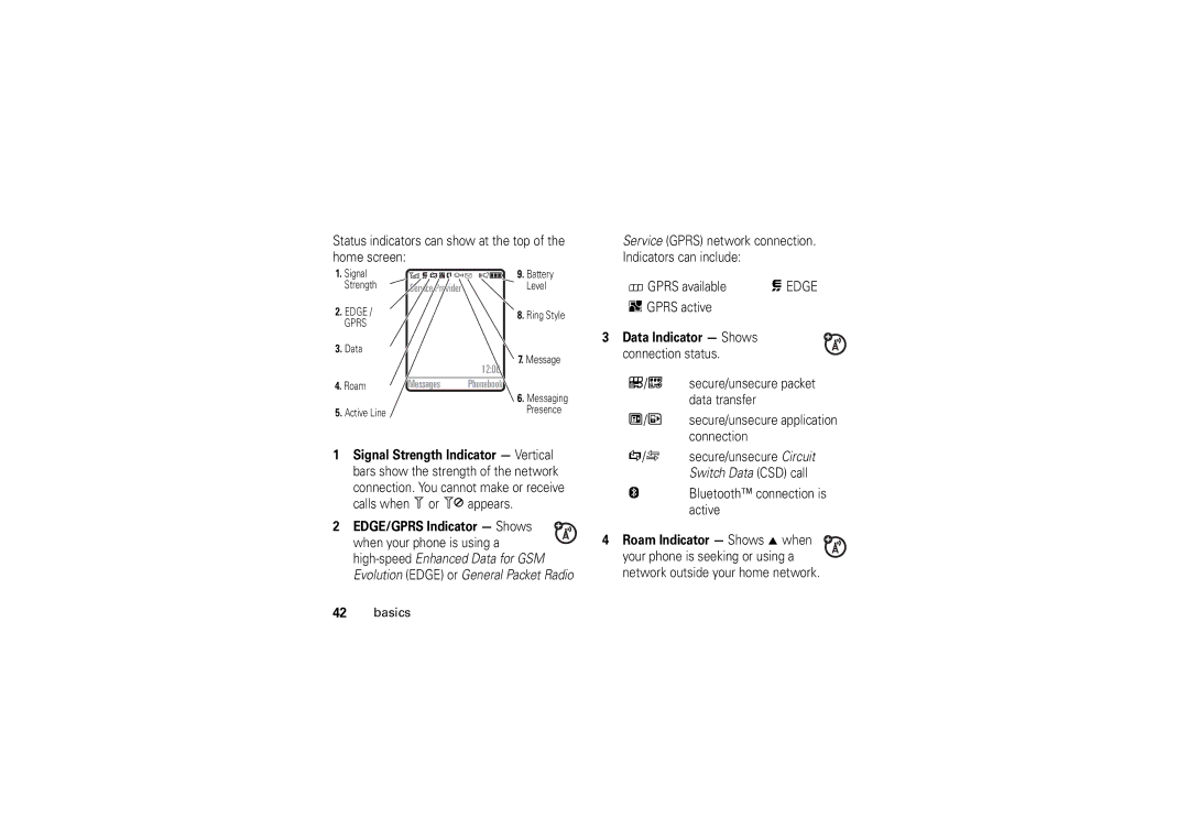 Motorola W5 10 GSM manual Status indicators can show at the top of the home screen, Data Indicator Shows 