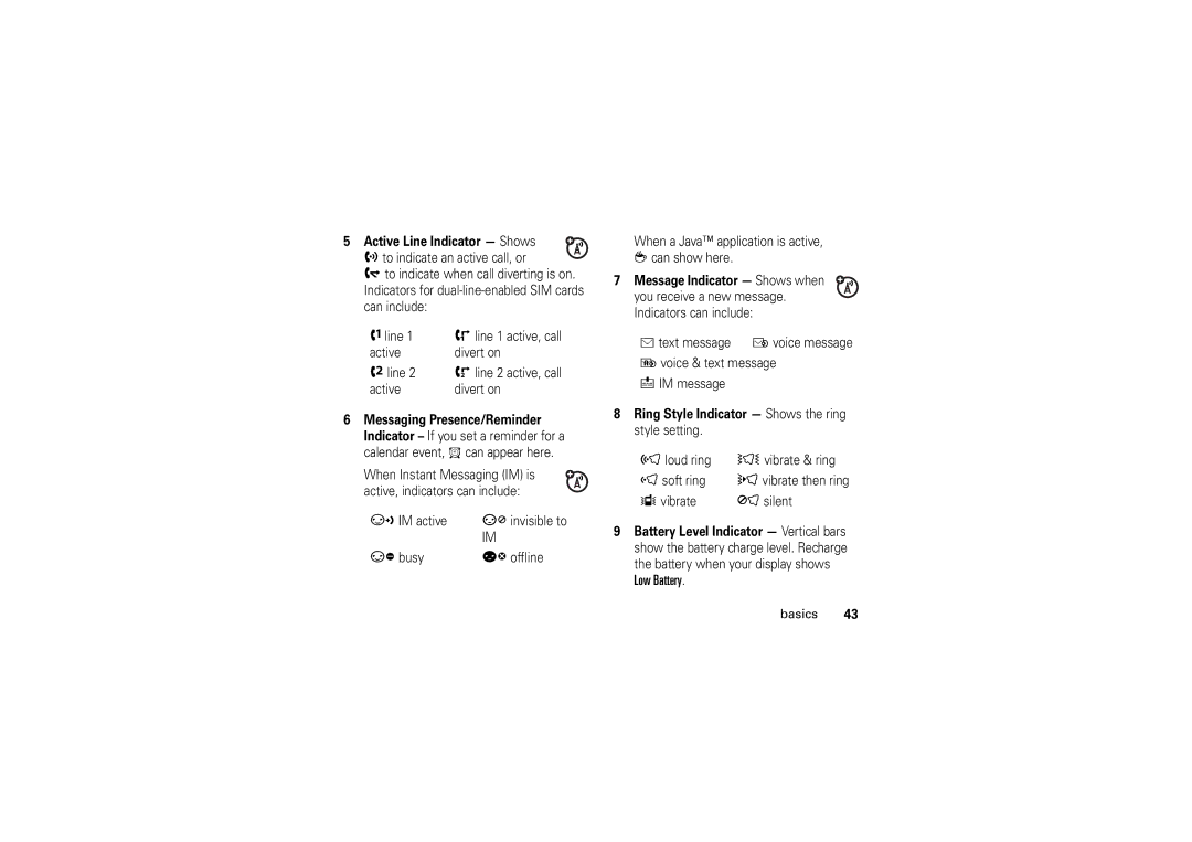 Motorola W5 10 GSM manual Low Battery, Active Line Indicator Shows, Ring Style Indicator Shows the ring style setting 