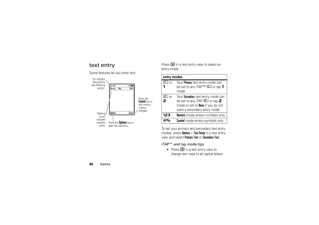 Motorola W5 10 GSM manual Text entry, ITAP and tap mode tips, Entry modes 