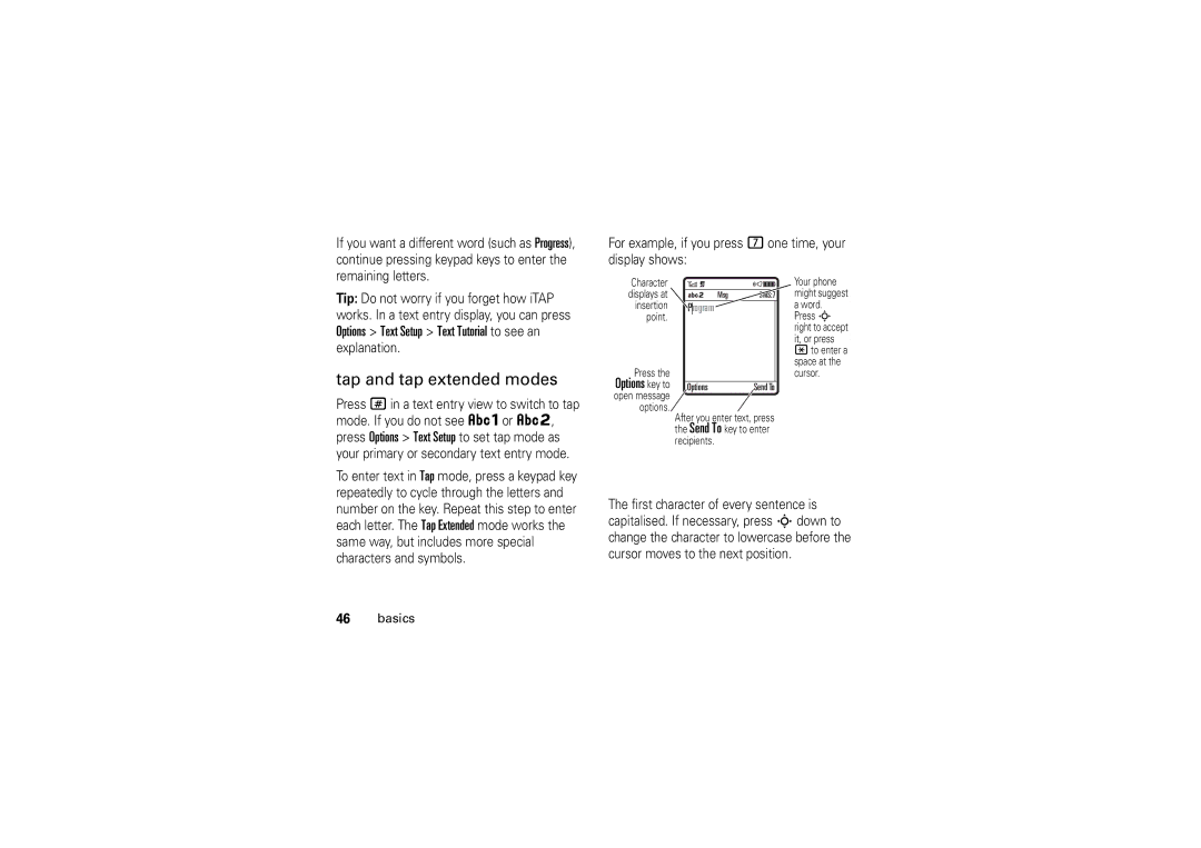 Motorola W5 10 GSM manual Tap and tap extended modes, Program 