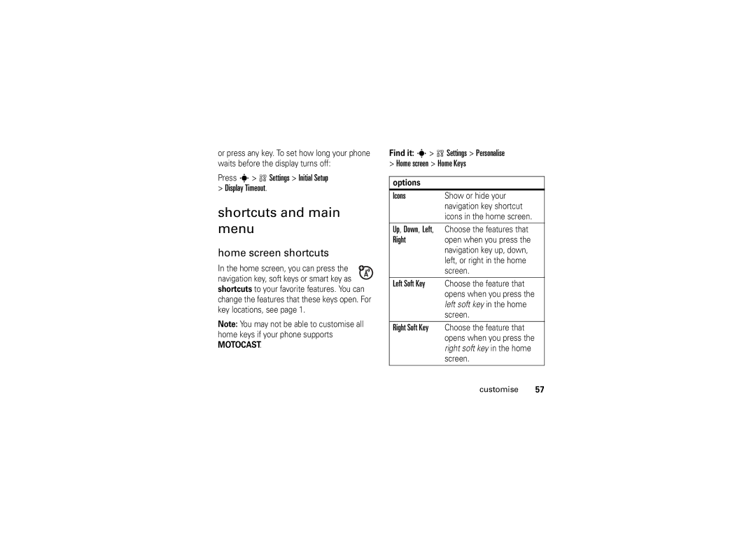 Motorola W5 10 GSM manual Shortcuts and main menu, Home screen shortcuts 