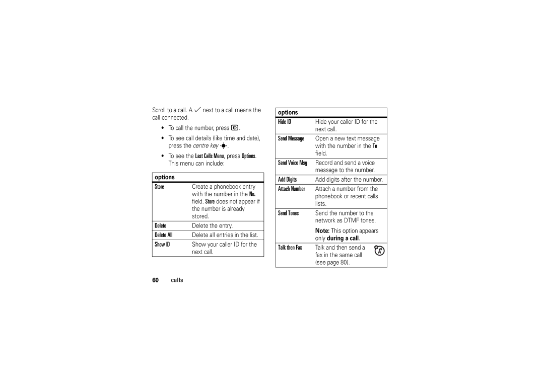 Motorola W5 10 GSM manual Store, Delete All, Show ID, Hide ID, Add Digits, Send Tones 