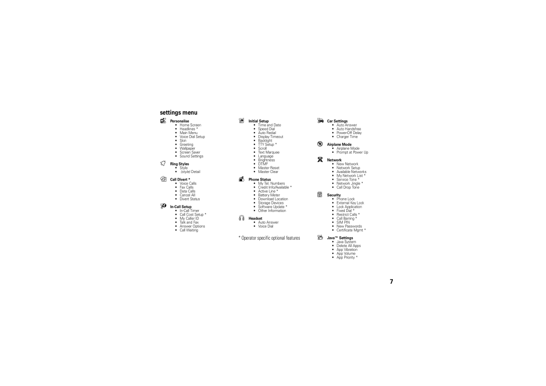 Motorola W5 10 GSM manual Settings menu, Personalise Initial Setup 