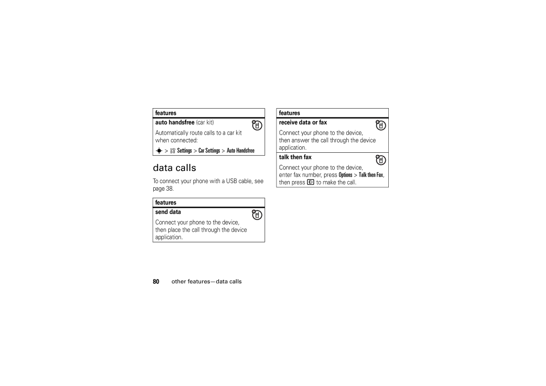 Motorola W5 10 GSM manual Data calls, Other features-data calls 