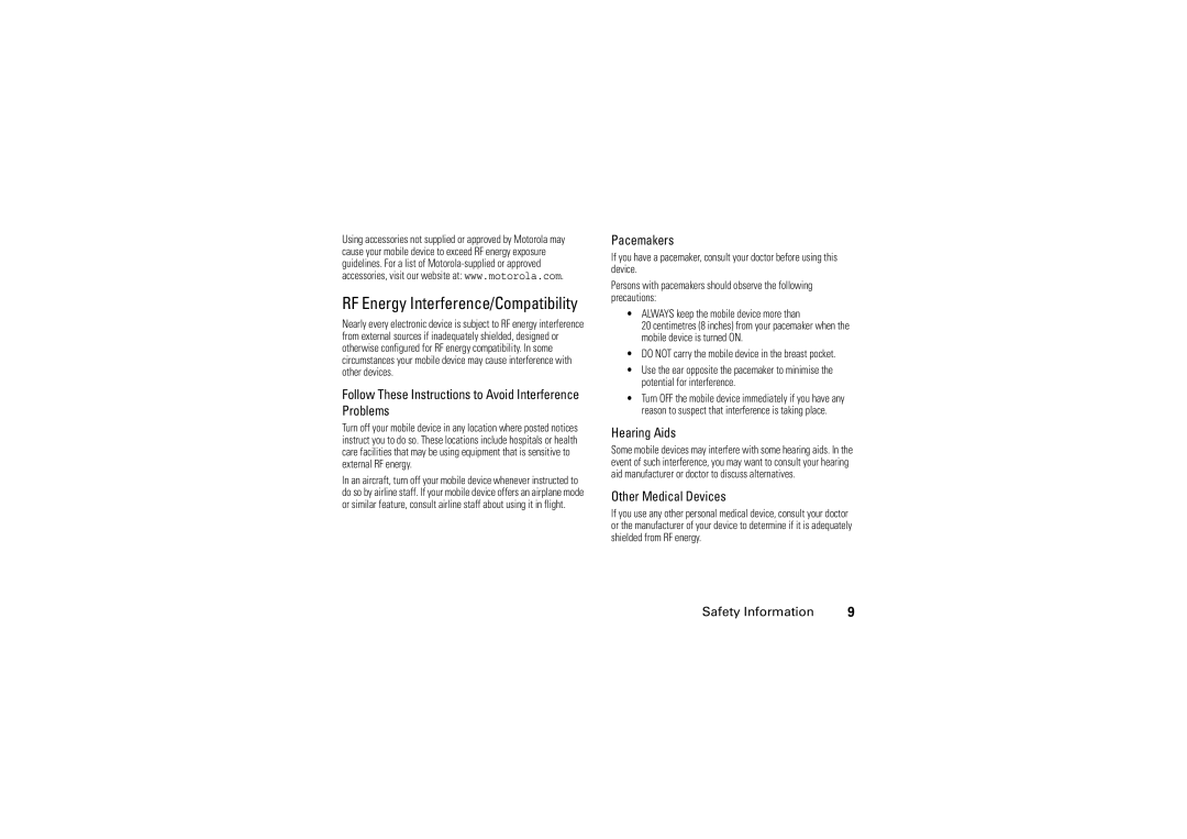 Motorola W5 10 GSM manual RF Energy Interference/Compatibility, Follow These Instructions to Avoid Interference Problems 