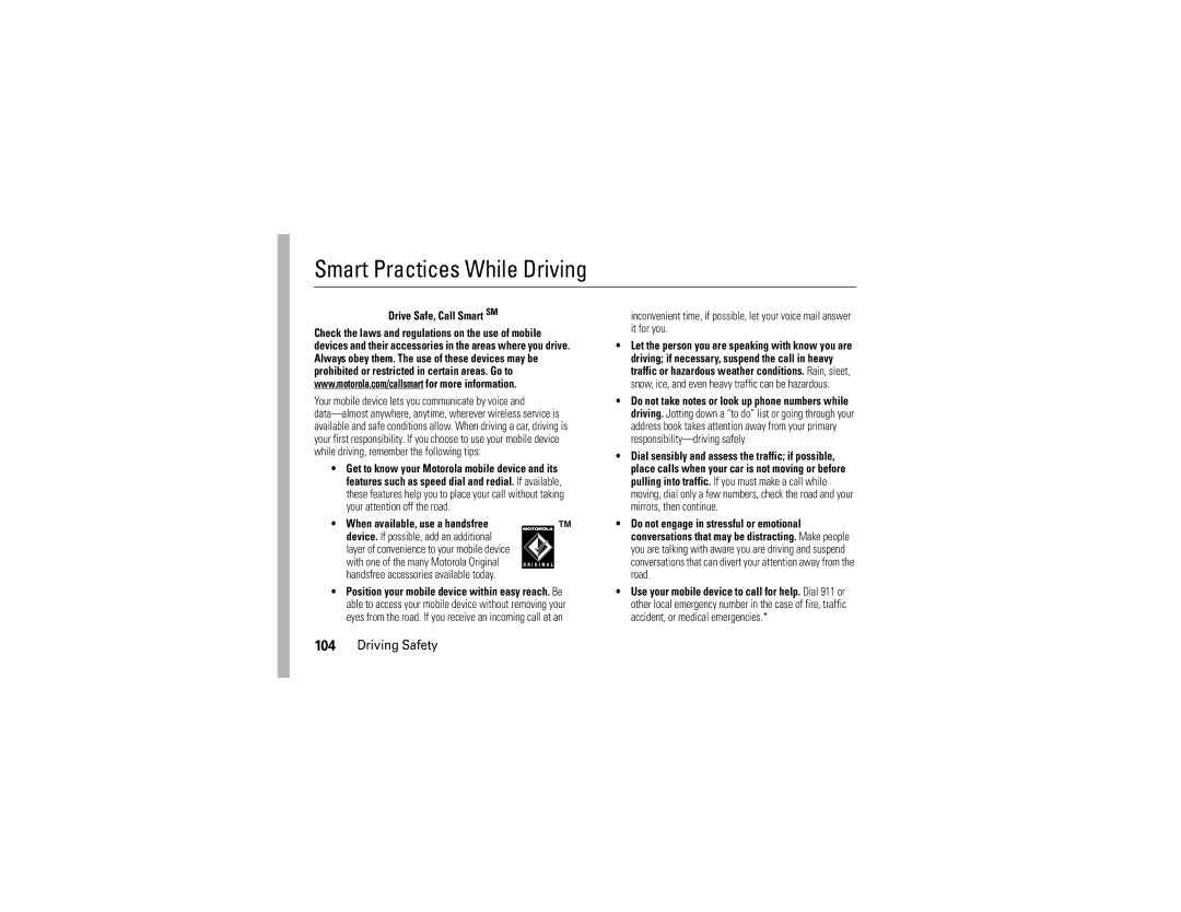 Motorola W510 manual Smart Practices While Driving, Driving Safety 