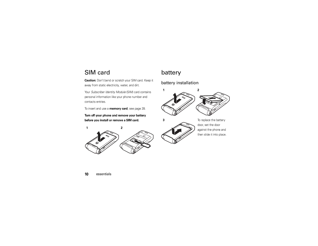 Motorola W510 manual SIM card, Battery installation, To insert and use a memory card, see, Door, set the door 