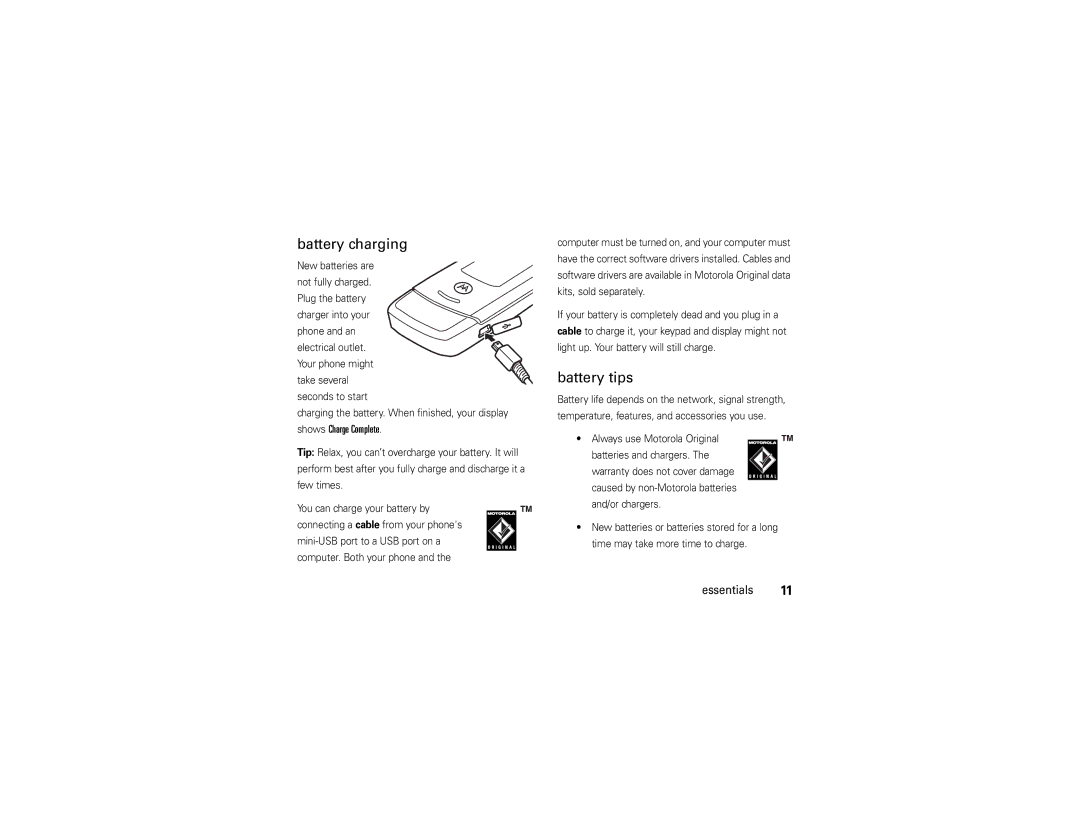 Motorola W510 Battery charging, Battery tips, Shows Charge Complete, Charging the battery. When finished, your display 