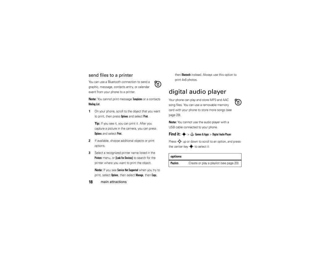 Motorola W510 manual Digital audio player, Send files to a printer, Options and select Print, Playlists 