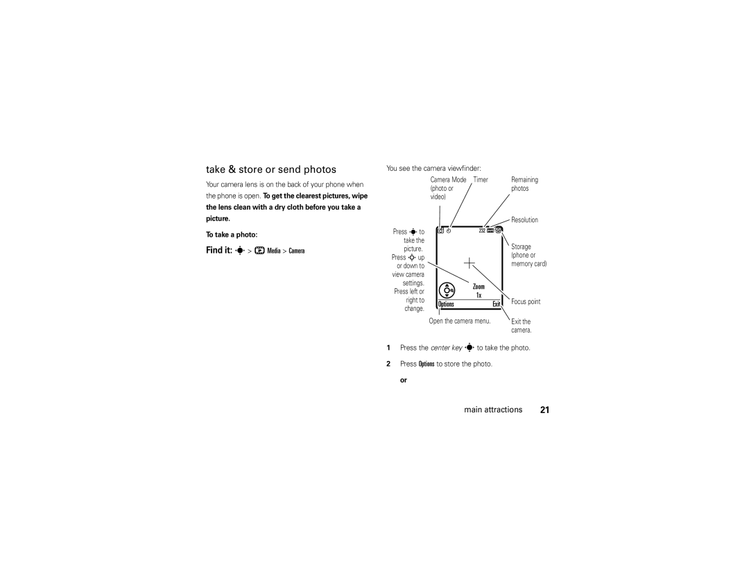 Motorola W510 manual Take & store or send photos, Find it s h Media Camera, Zoom OptionsExit 