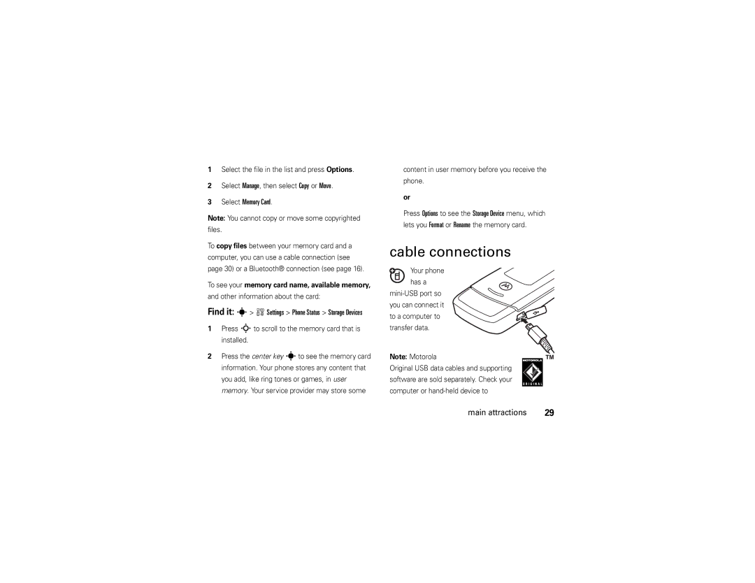 Motorola W510 manual Cable connections, Press Sto scroll to the memory card that is installed 