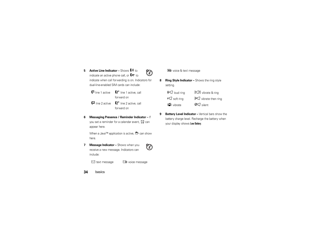 Motorola W510 manual When a Java application is active, zcan show here, Étext message Ëvoice message Voice & text message 