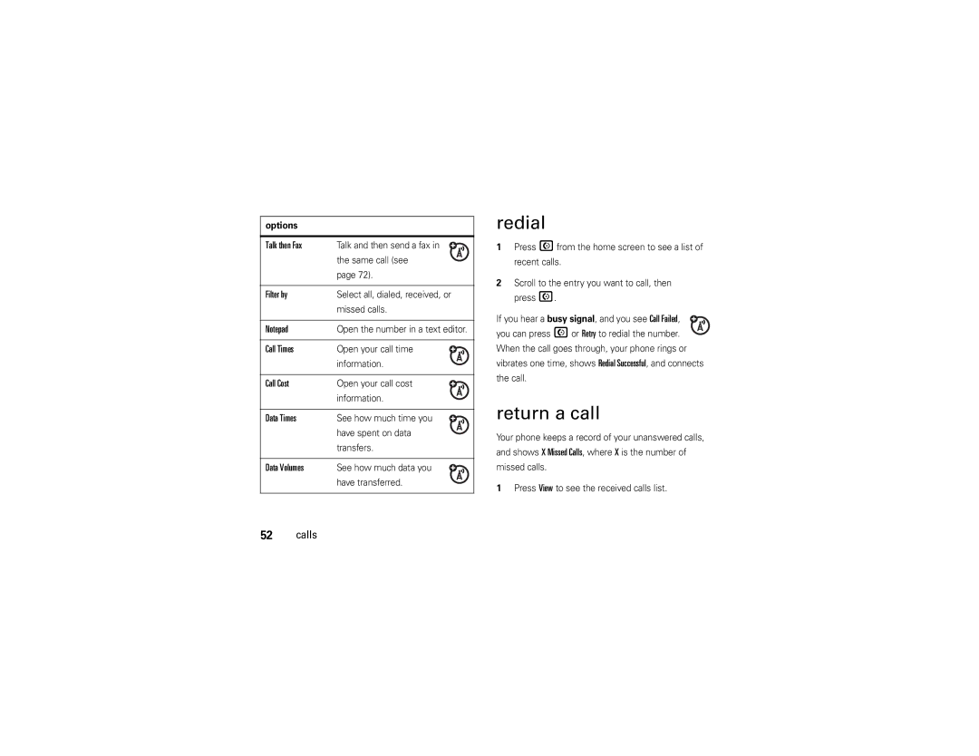 Motorola W510 manual Redial, Return a call 