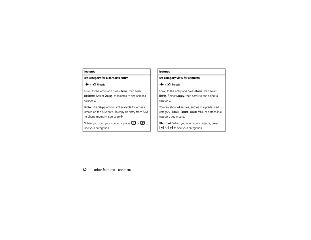 Motorola W510 manual Features Set category for a contacts entry, Features Set category view for contacts 