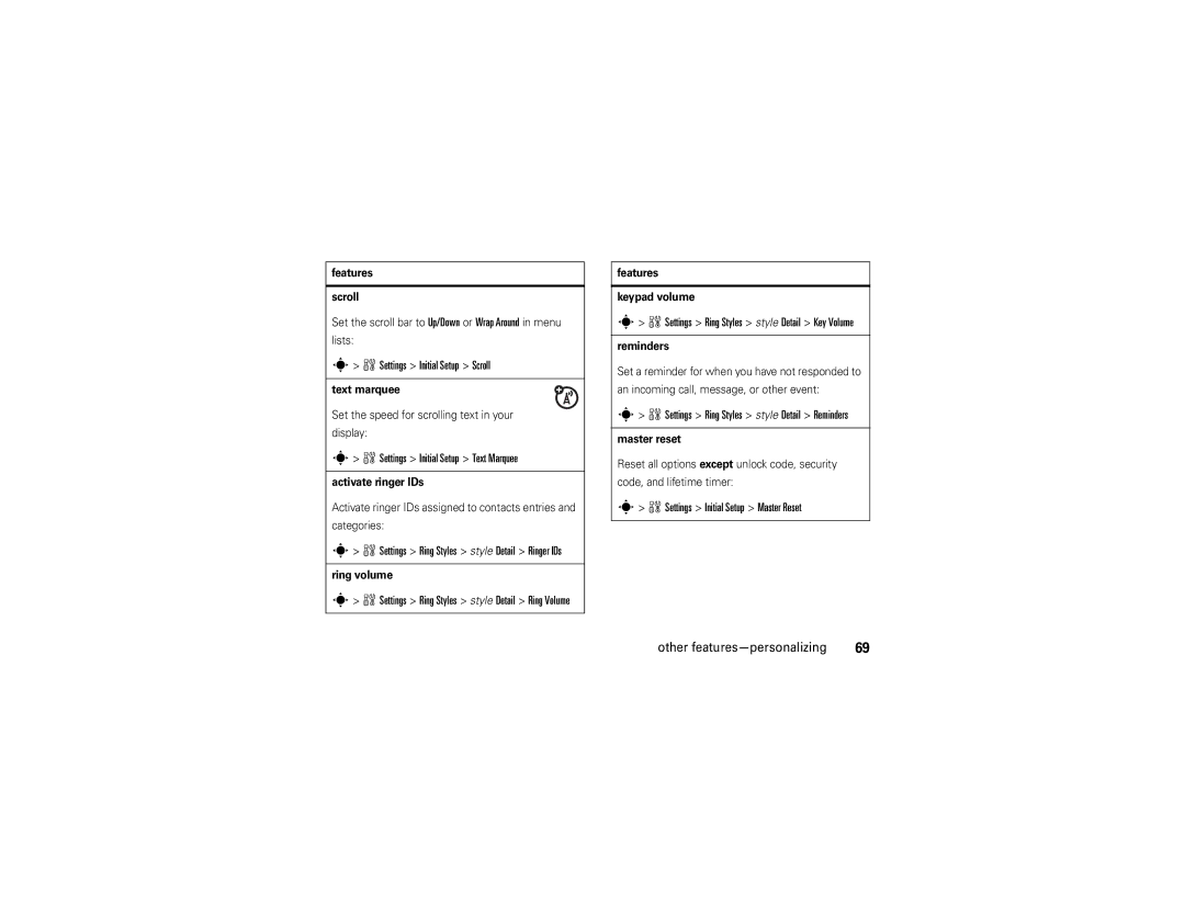 Motorola W510 manual WSettings Initial Setup Scroll, WSettings Initial Setup Text Marquee 