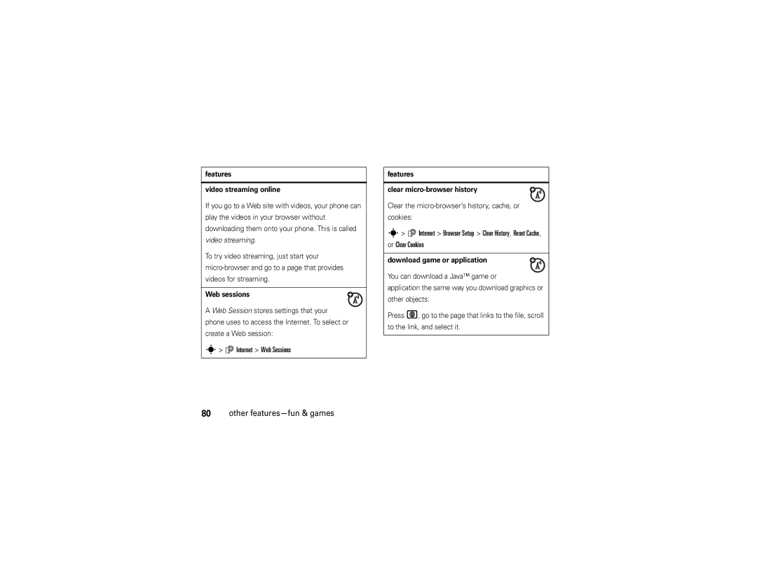 Motorola W510 manual Internet Web Sessions, Or Clear Cookies 