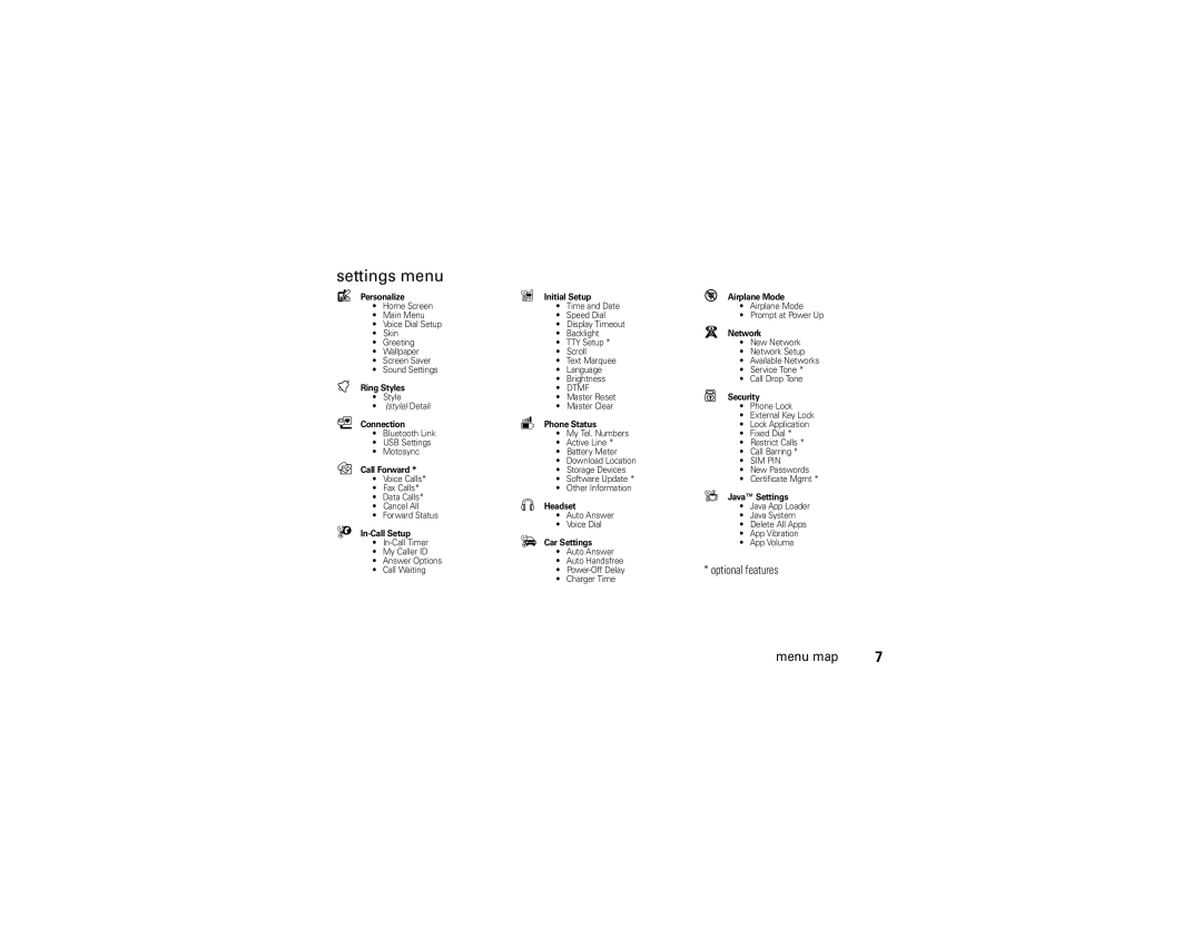 Motorola W510 manual Settings menu, Personalize 