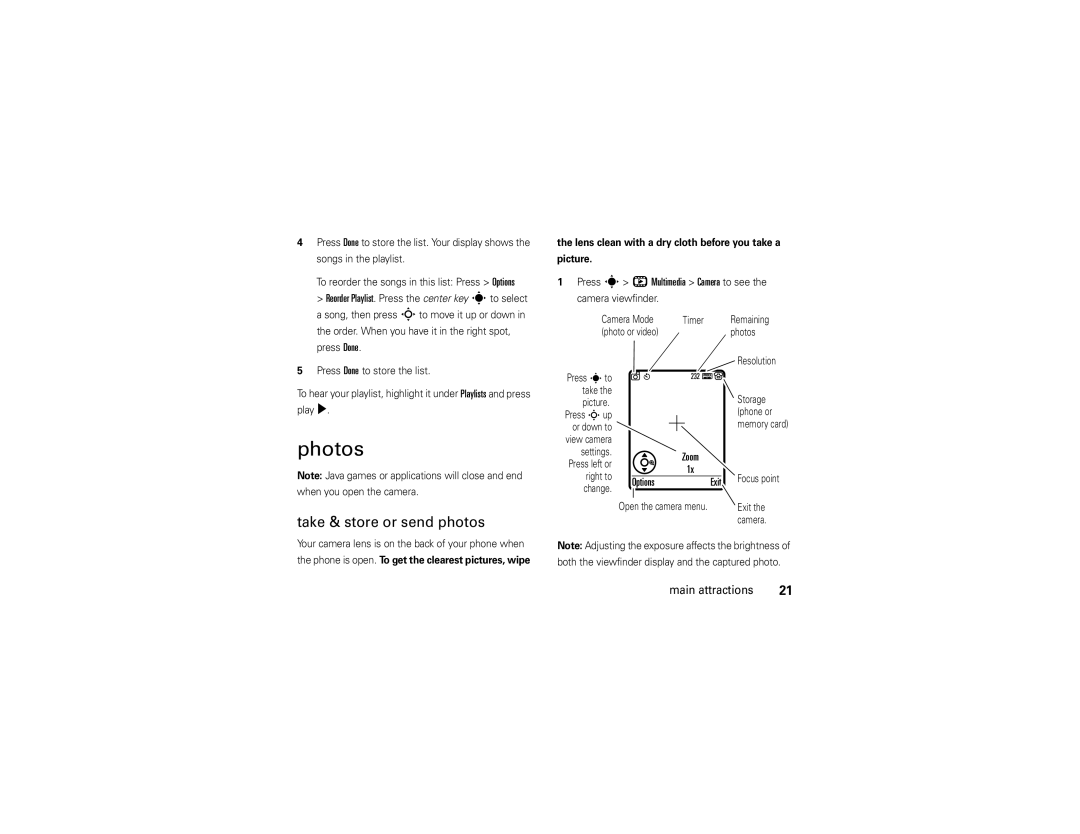 Motorola W510 Photos, Take & store or send photos, Zoom OptionsExit, Lens clean with a dry cloth before you take a Picture 