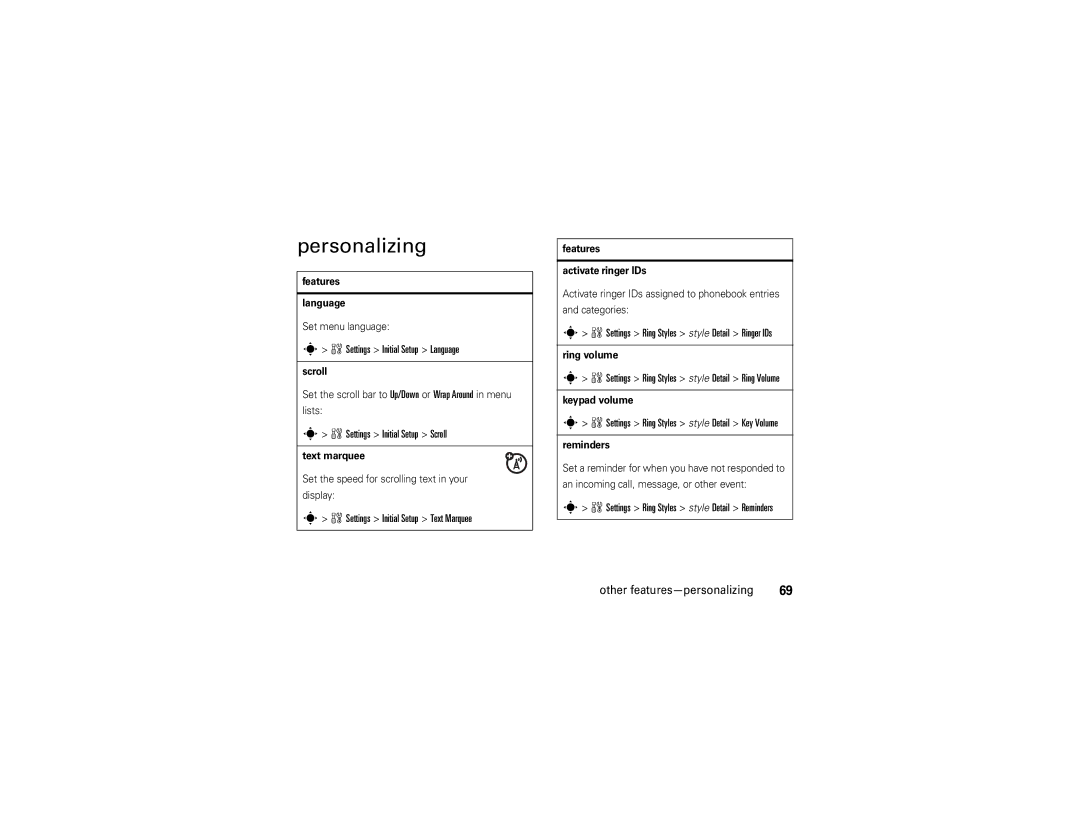 Motorola W510 manual Personalizing, WSettings Initial Setup Language, WSettings Initial Setup Scroll 