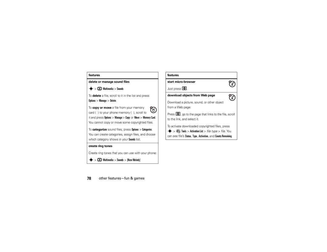 Motorola W510 manual Multimedia Sounds New Melody, Features Delete or manage sound files, Create ring tones 