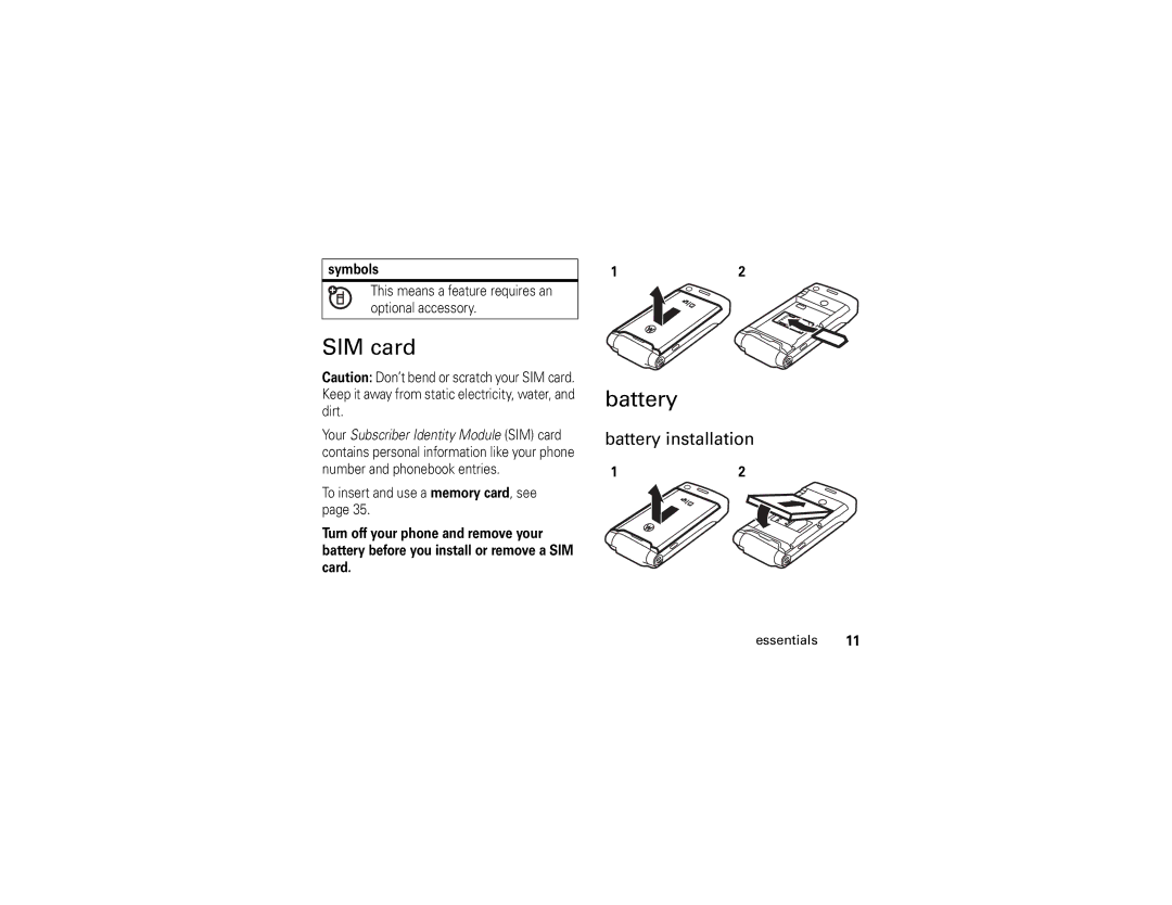 Motorola W510 manual SIM card, Battery installation 