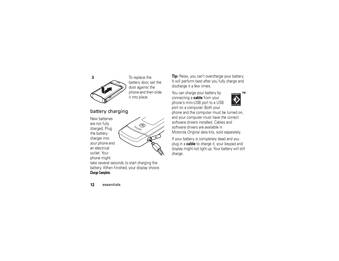 Motorola W510 manual Battery charging, Charge Complete 