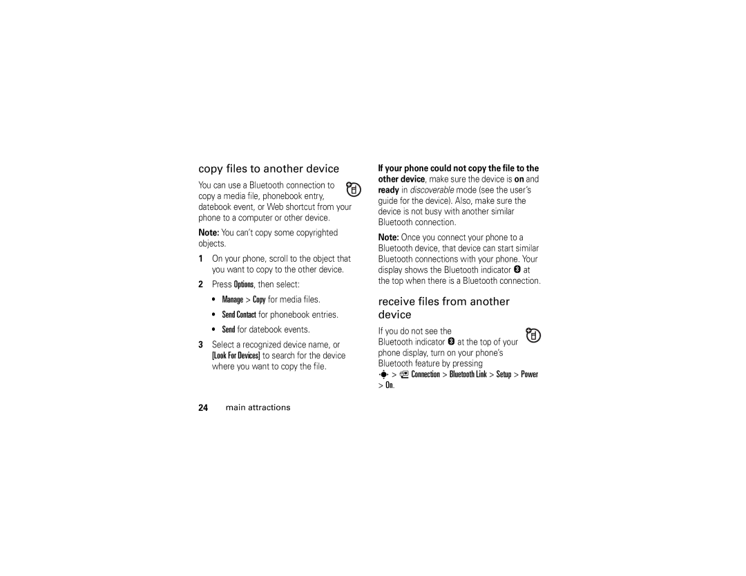 Motorola W510 manual Copy files to another device, Receive files from another device, Connection Bluetooth Link Setup Power 